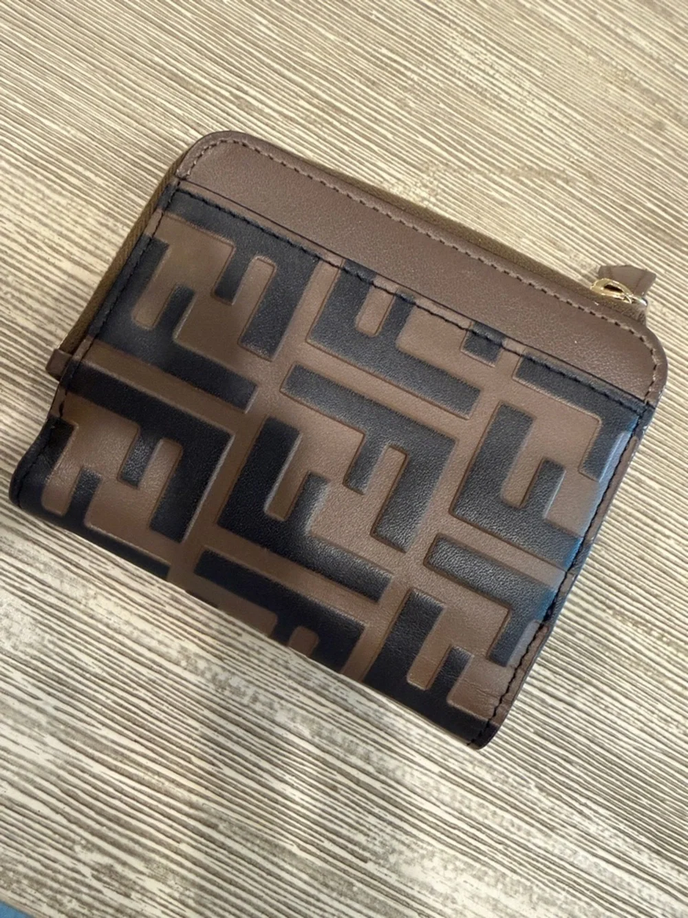 Fendi Brown and Black FF Logo Leather Zip Wallet with Gold Hardware - Picture 4 of 5